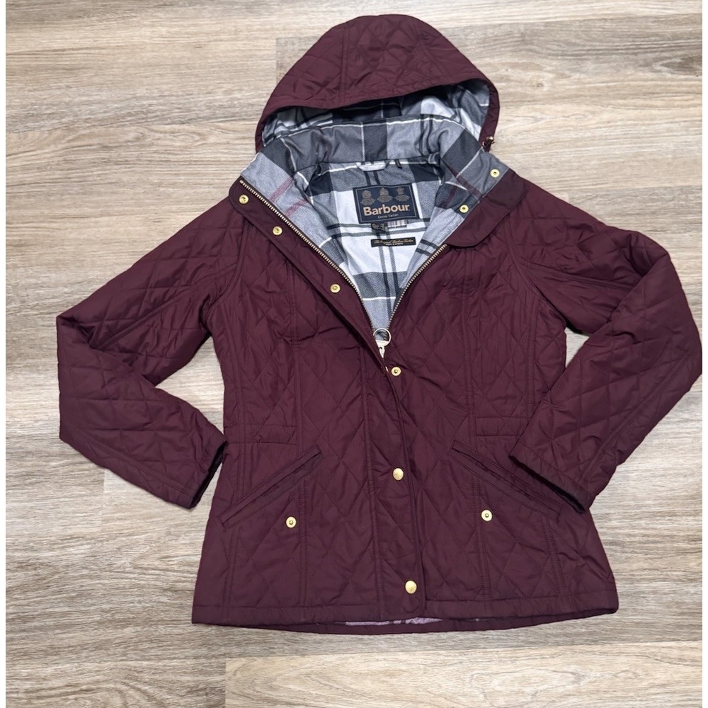 Barbour Women Winter Burgundy Red Millfire Quilted Hooded Jacket Size 8 US 12 UK